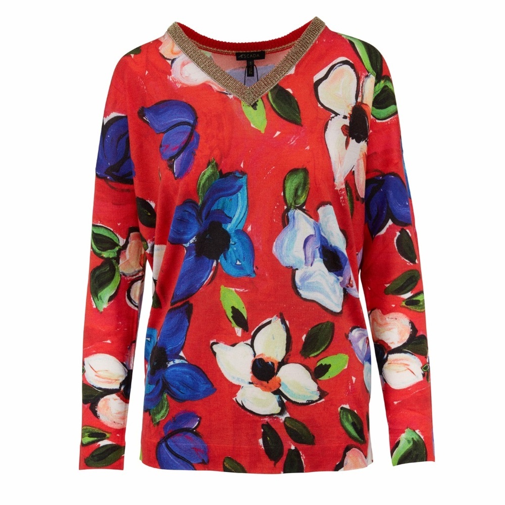 Escada Wool/Silk Retail $870 Slowaso Red Floral Lurex Trim Sweater | Size XS